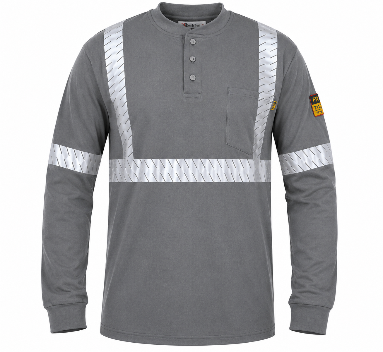Flame Resistant High Visibility FR Hi Vis Reflective Henley Style T-Shirt  – 100% Cotton – 7 oz