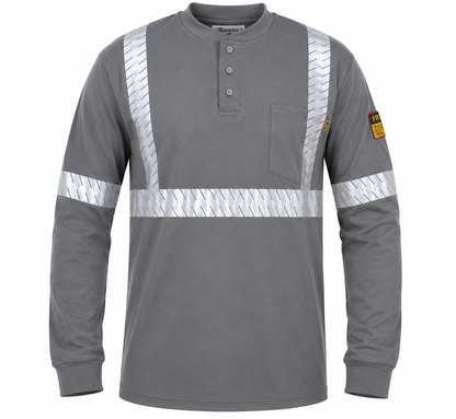 Flame Resistant High Visibility FR Hi Vis Reflective Henley Style T-Shirt  – 100% Cotton – 7 oz