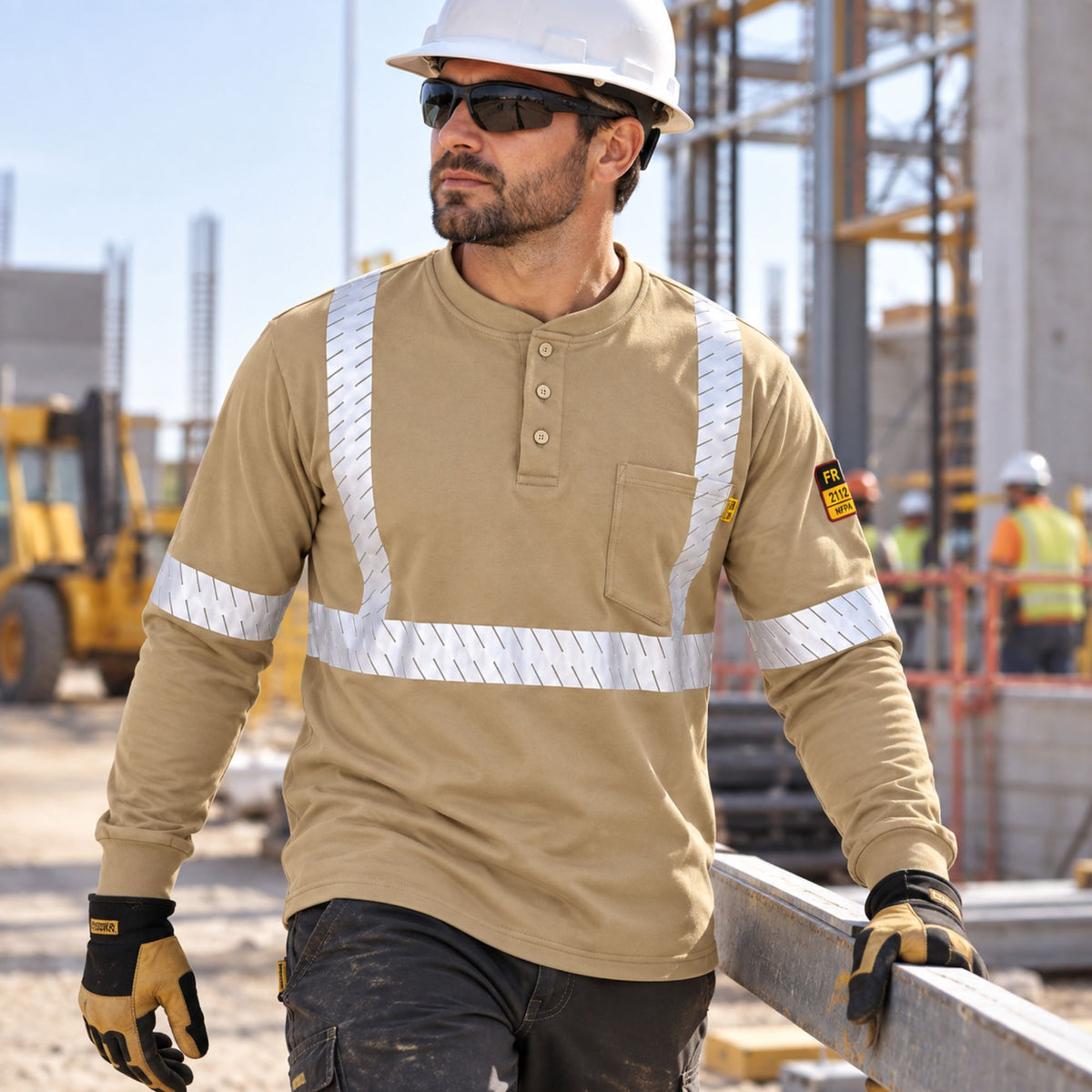 Flame Resistant High Visibility FR Hi Vis Reflective Henley Style T-Shirt  – 100% Cotton – 7 oz