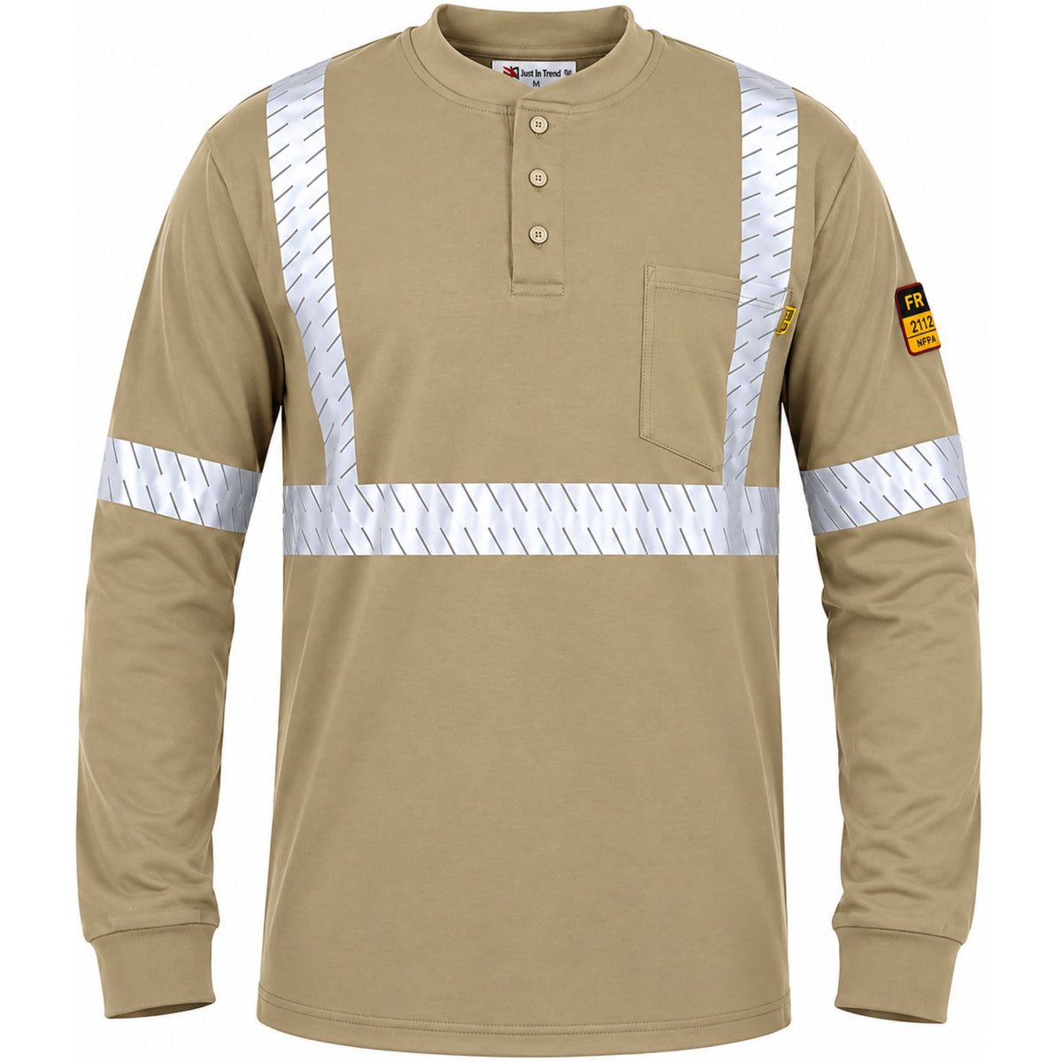 Flame Resistant High Visibility FR Hi Vis Reflective Henley Style T-Shirt  – 100% Cotton – 7 oz