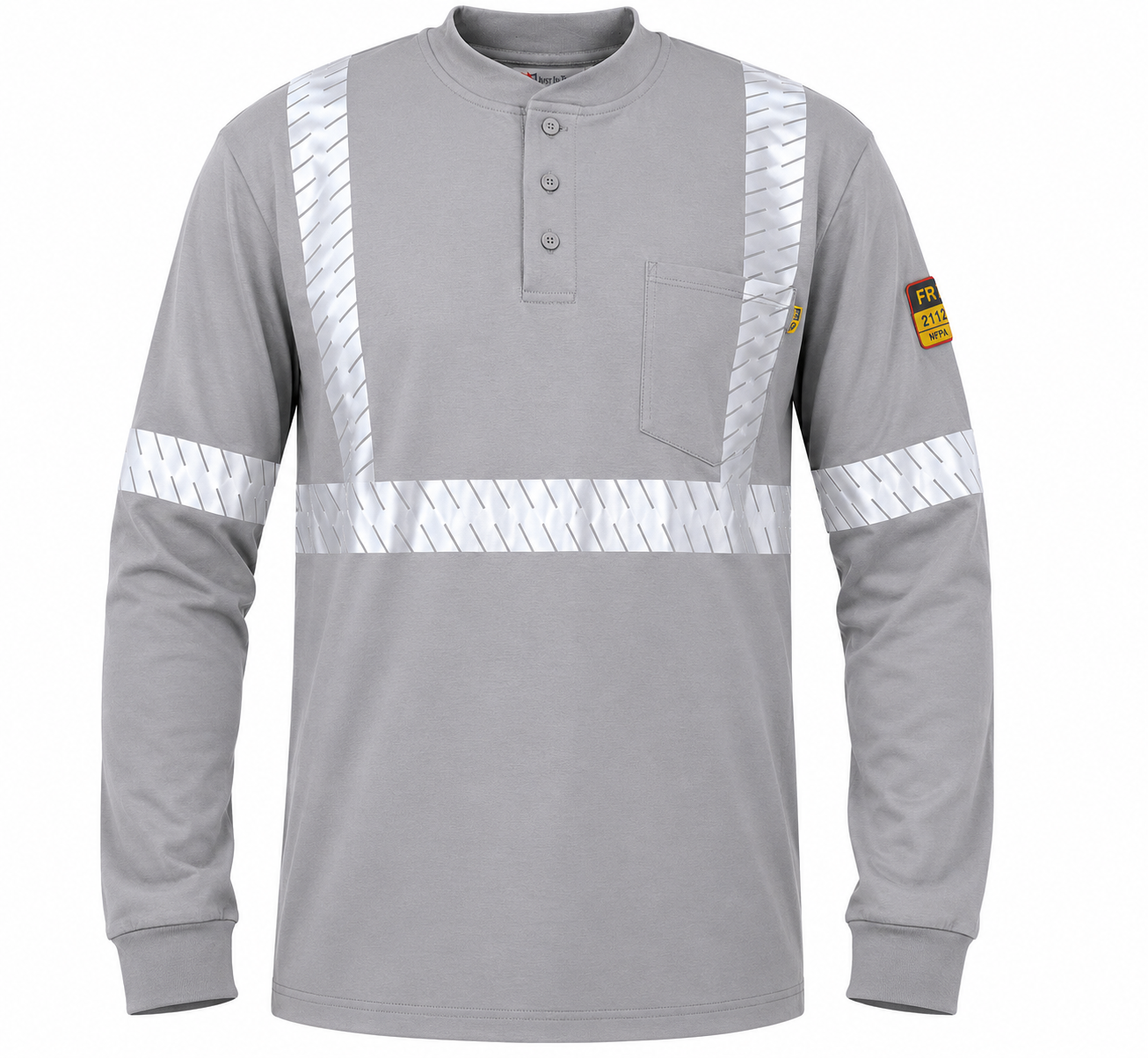 Flame Resistant High Visibility FR Hi Vis Reflective Henley Style T-Shirt  – 100% Cotton – 7 oz