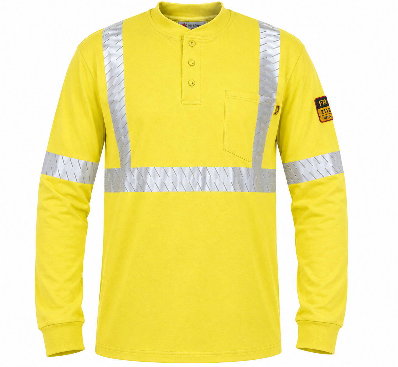 Flame Resistant High Visibility FR Hi Vis Reflective Henley Style T-Shirt  – 100% Cotton – 7 oz