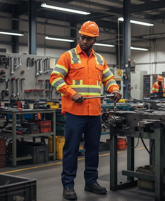 Premium Class 3 High Visibility Hi Vis Safety Shirt - Long Sleeve - 65% C35% N - 6 oz