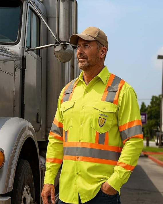 Premium Class 3 High Visibility Hi Vis Safety Shirt - Long Sleeve - 65% C35% N - 6 oz