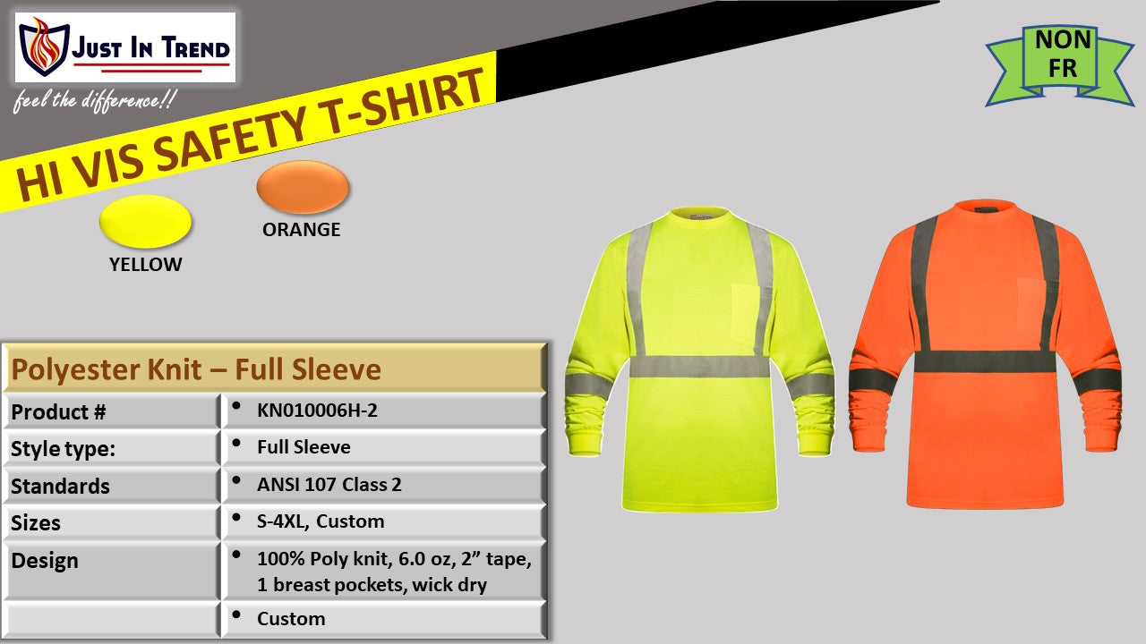 High Visibility Fluorescent Safety T-Shirt - Full Sleeve - 100% Polyester